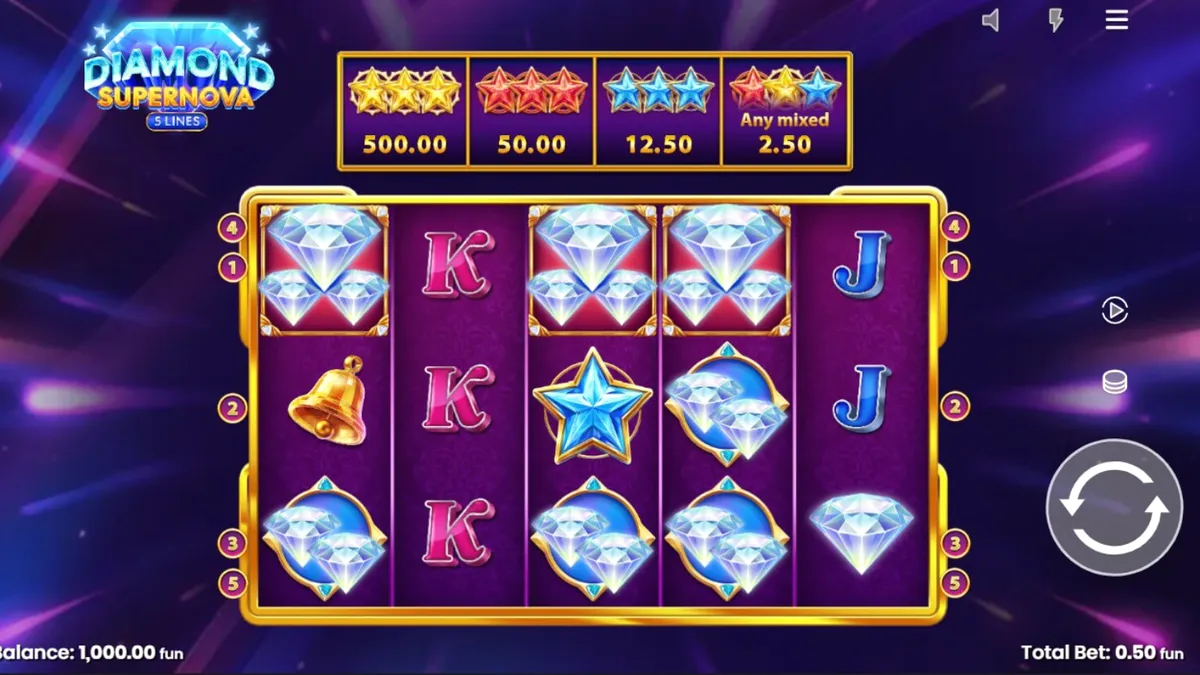 Tampilan visual slot Diamond Supernova dengan latar belakang luar angkasa dan simbol berlian yang berkilauan.