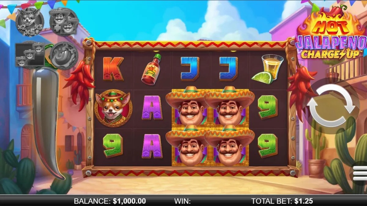 Tampilan visual slot Hot Jalapeño Charge Up dengan tema fiesta Meksiko