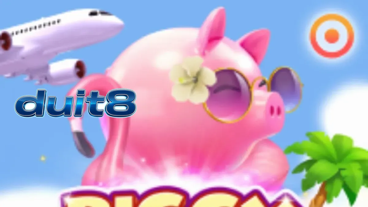Tampilan visual Piggy Tap dengan babi merah muda di atas pelampung flamingo