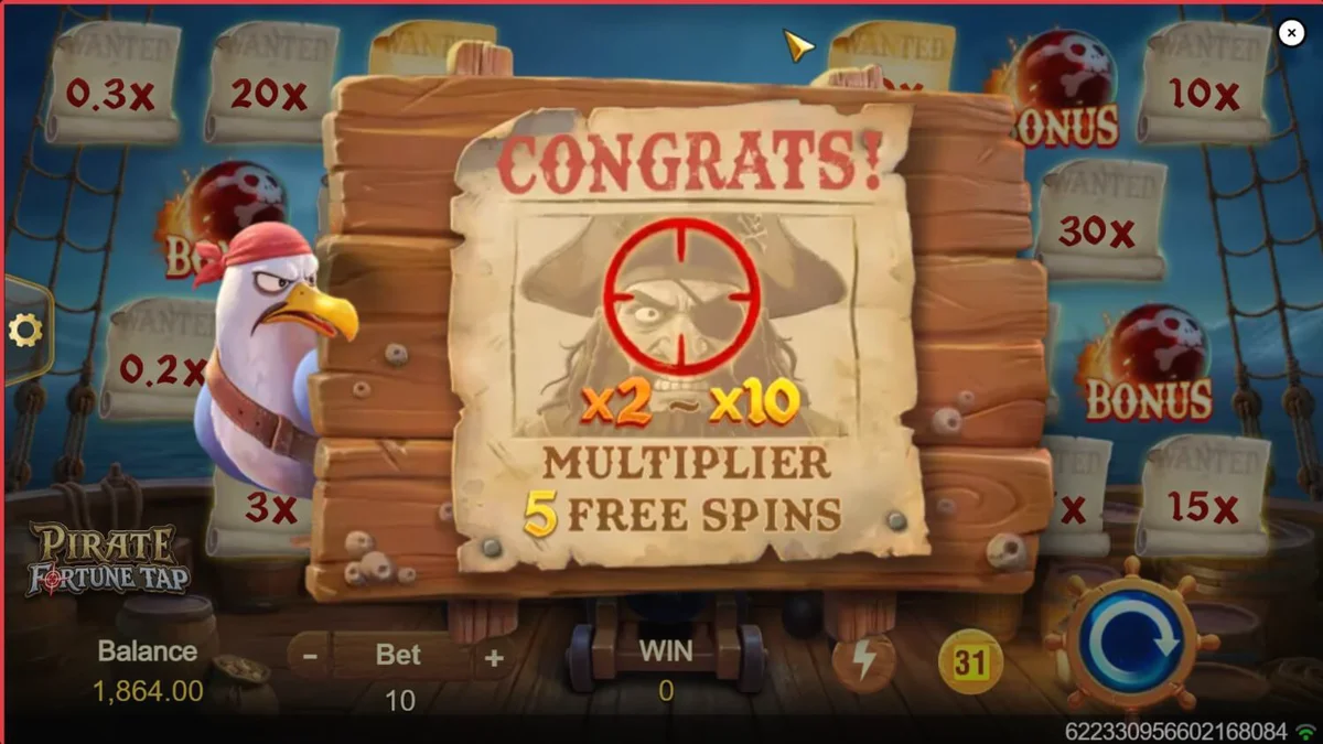 Pemandangan dek kapal bajak laut dalam permainan Pirate Fortune Tap dengan meriam siap menembak.